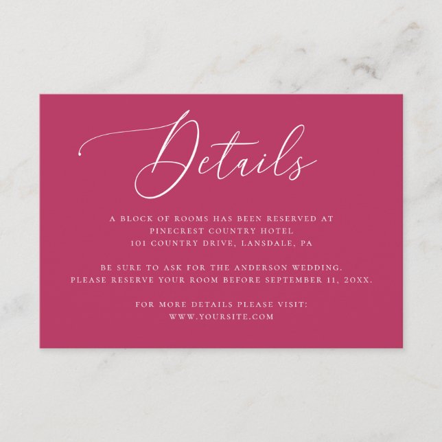 Raspberry Pink Chic Wedding Accommodation Details Enclosure Card (Front)