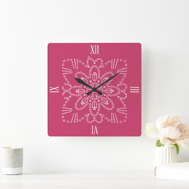 Raspberry Pink Crochet Chart Square Wall Clock (Home)