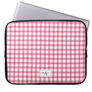 Raspberry Pink Gingham Plaid Pattern Monogram Laptop Sleeve