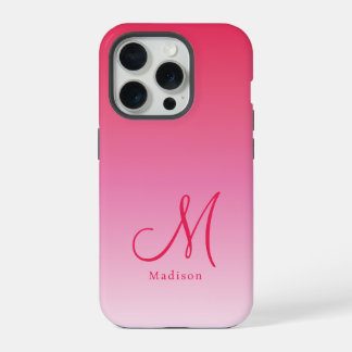 Raspberry Pink Gradient Custom Monogram Name iPhone 15 Pro Case