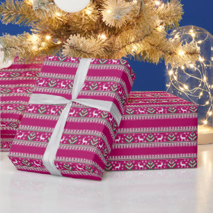 Raspberry Pink Green and White Fair Isle Christmas Wrapping Paper