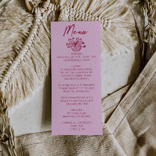Raspberry Pink Hand Drawn Floral Wedding Menu 