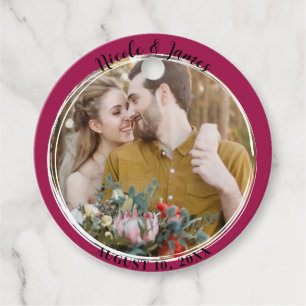Raspberry Pink Minimal Trendy Round Photo Wedding  Favour Tags