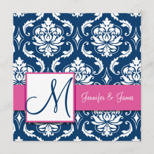 Raspberry Pink Navy Blue Damask Invitation