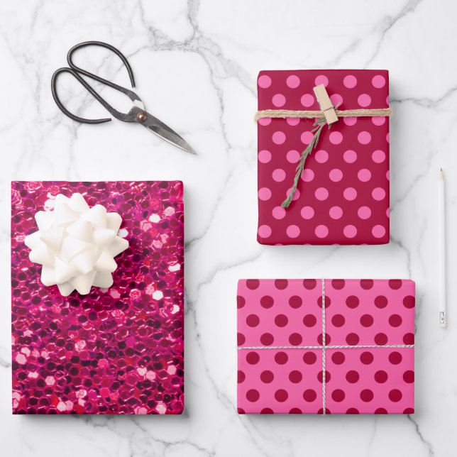Raspberry Pink Sparkle Sequin Metallic Christmas Wrapping Paper Sheet (Front)