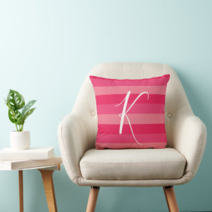 Raspberry Pink Stripes Custom Monogram Initial Cushion