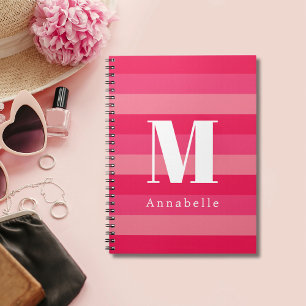 Raspberry Pink Stripes Custom Monogram Name Notebook