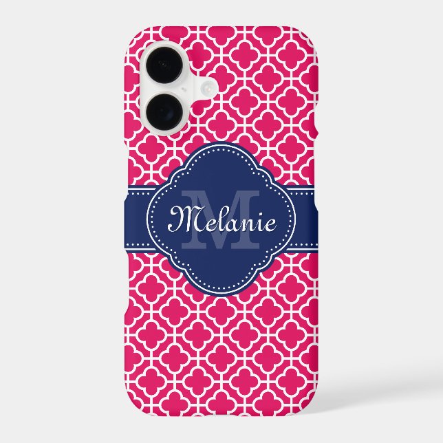 Raspberry Pink Wht Moroccan Pattern Navy Monogram (Back)