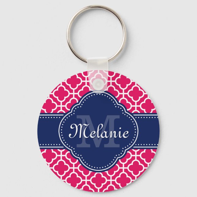 Raspberry Pink Wht Moroccan Pattern Navy Monogram Key Ring (Front)
