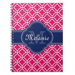 Raspberry Pink Wht Moroccan Pattern Navy Monogram Spiral Notebook