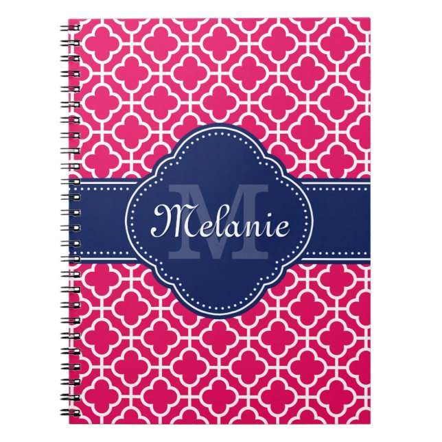 Raspberry Pink Wht Moroccan Pattern Navy Monogram Spiral Notebook (Front)