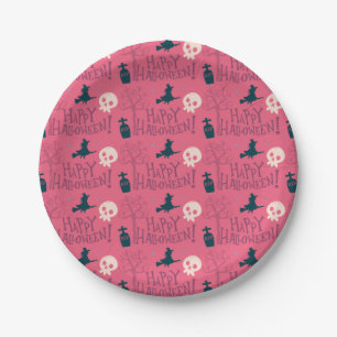 Raspberry Pink Witches Halloween Paper Plate