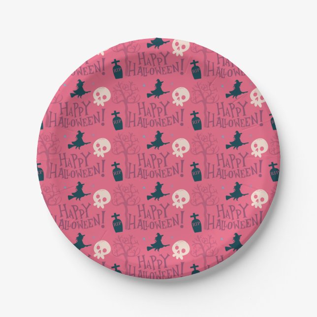 Raspberry Pink Witches Halloween Paper Plate (Front)