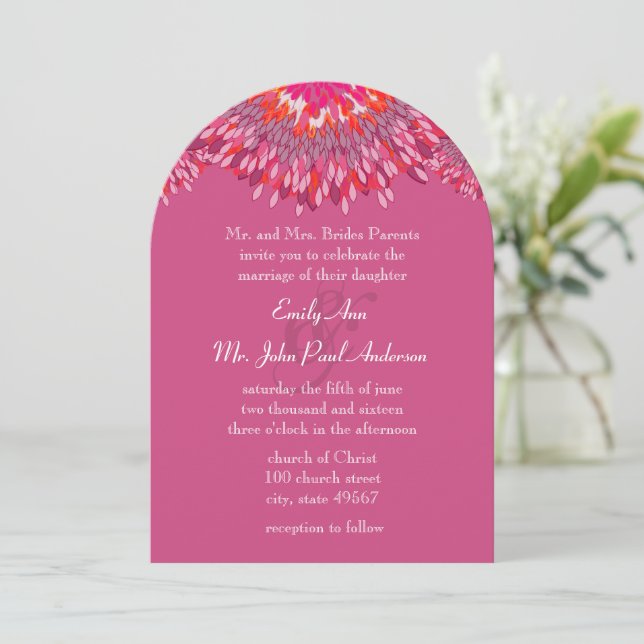 Raspberry Plum Coral Pink Floral Wedding Invitation (Standing Front)