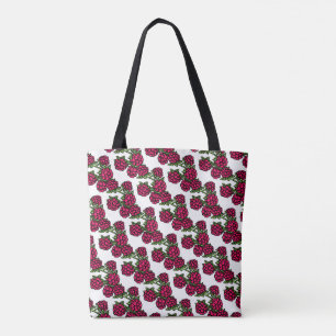 Raspberry red green fruit patterned tote bag