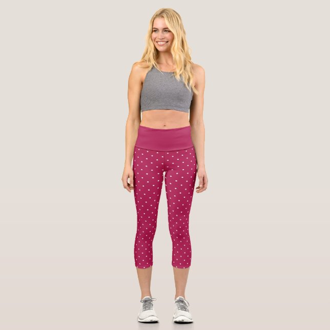 Raspberry Rose and white dots Capri Leggings (Front)