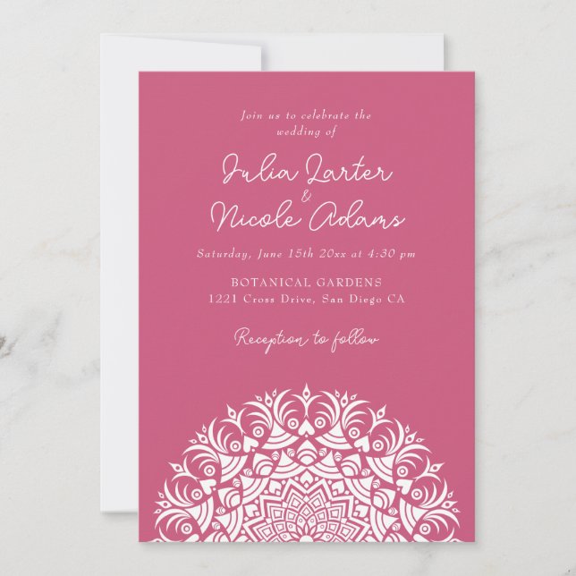 Raspberry Rose Pink Abstract Mandala Wedding Invitation (Front)