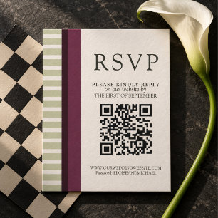 Raspberry & Sage Green Striped QR Code Wedding RSVP Card