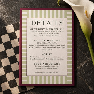 Raspberry & Sage Green Striped Wedding Details Enclosure Card