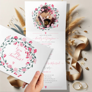 Raspberry Sorbet Pink Peony Floral Wedding Tri-Fol Tri-Fold Invitation