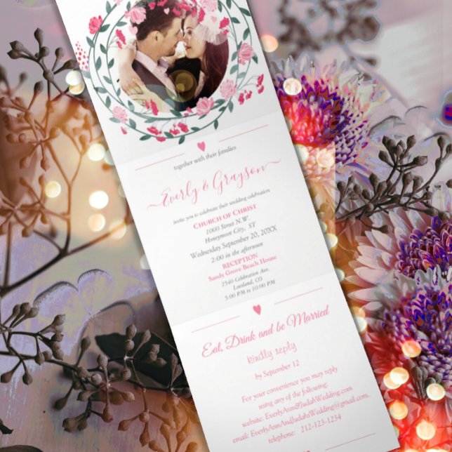 Raspberry Sorbet Pink Peony Floral Wedding Tri-Fol Tri-Fold Invitation (Creator Uploaded)