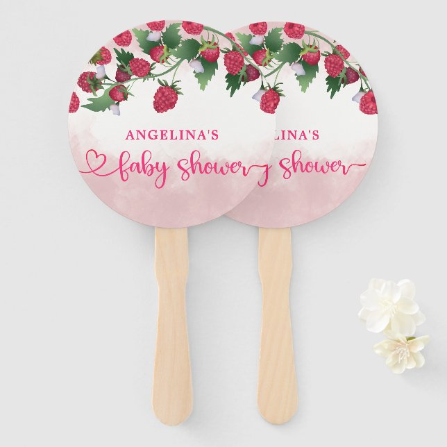 Raspberry Sweet Watercolor Girl Baby Shower Hand Fan (Front and Back)