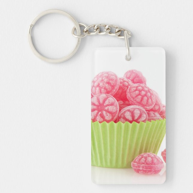 Raspberry tasty candy sweets in green cup cake key ring (Front)