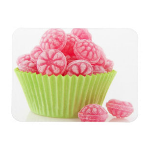 Raspberry tasty candy sweets in green cup cake magnet