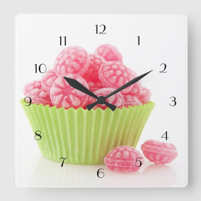 Raspberry tasty candy sweets in green cup cake square wall clock (Front)