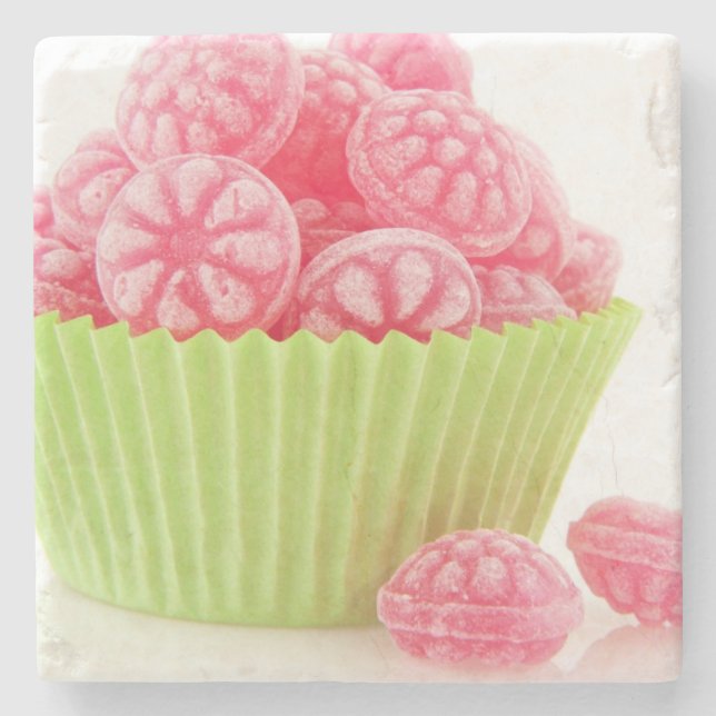 Raspberry tasty candy sweets in green cup cake stone coaster (Front)