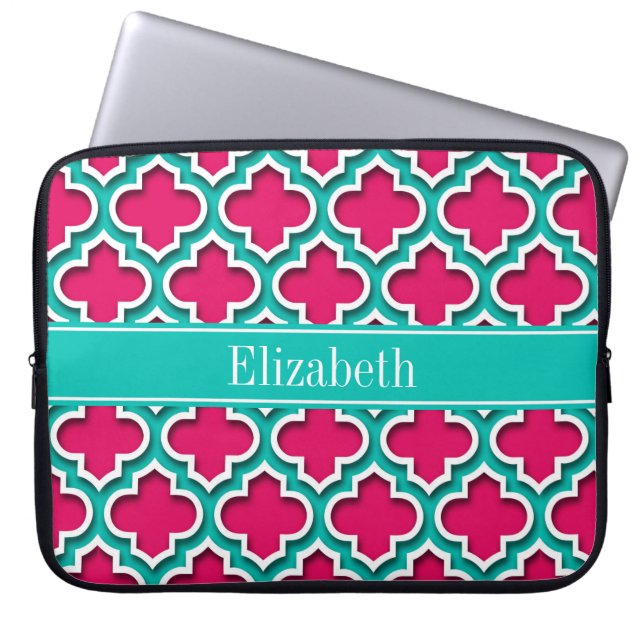 Raspberry, Teal Moroccan #5DS Teal Name Monogram Laptop Sleeve (Front)