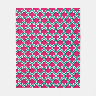 Raspberry Teal White Moroccan Quatrefoil #5DS Fleece Blanket