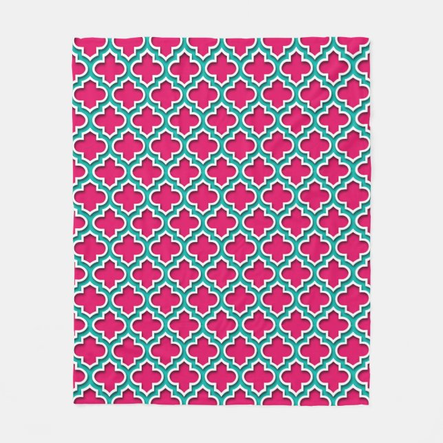 Raspberry Teal White Moroccan Quatrefoil #5DS Fleece Blanket (Front)