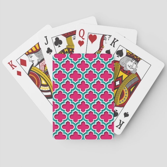 Raspberry Teal White Moroccan Quatrefoil #5DS Playing Cards (Back)