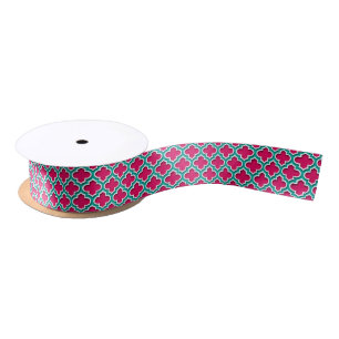 Raspberry Teal White Moroccan Quatrefoil #5DS Satin Ribbon