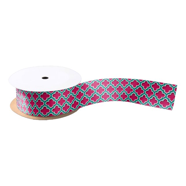 Raspberry Teal White Moroccan Quatrefoil #5DS Satin Ribbon (Spool)