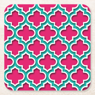 Raspberry Teal White Moroccan Quatrefoil #5DS Square Paper Coaster