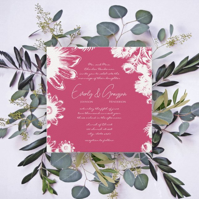 Raspberry Vintage Flower Square Wedding Invitation (Creator Uploaded)