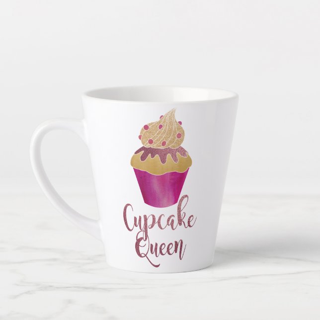 Raspberry Watercolor Cupcake Queen Glitter  Latte Mug (Left)