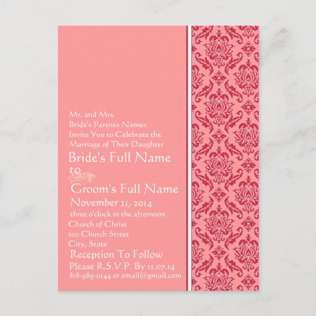 Raspberry & White Damask  Wedding Invitation Postcard (Front)