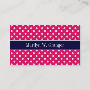 Raspberry White Polka Dots Navy Blue Name Monogram Business Card