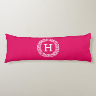 Raspberry Wht Greek Key Rnd Frame Initial Monogram Body Cushion