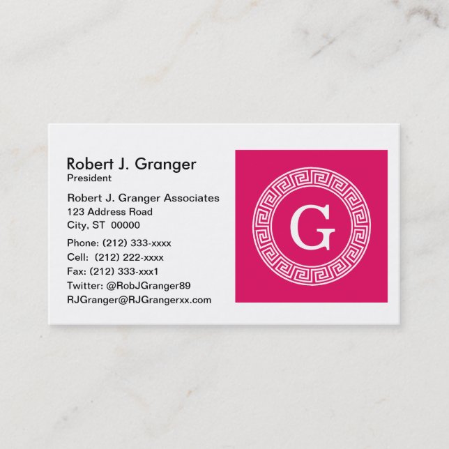 Raspberry Wht Greek Key Rnd Frame Initial Monogram Business Card (Front)
