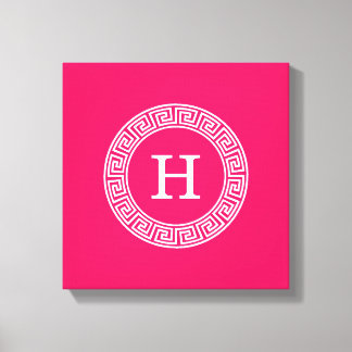 Raspberry Wht Greek Key Rnd Frame Initial Monogram Canvas Print