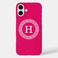 Raspberry Wht Greek Key Rnd Frame Initial Monogram