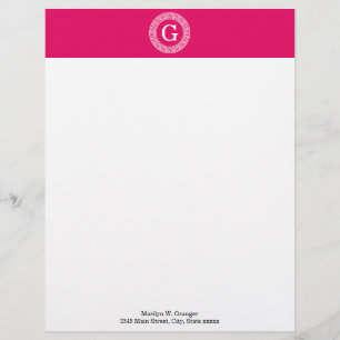 Raspberry Wht Greek Key Rnd Frame Initial Monogram Letterhead Design