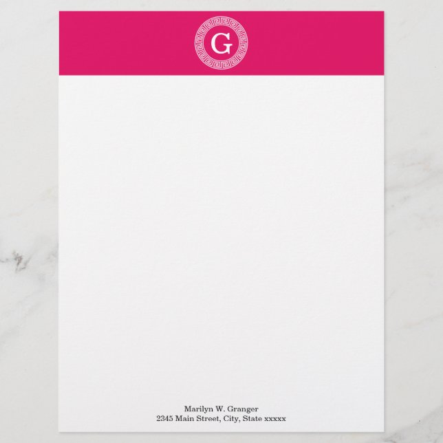 Raspberry Wht Greek Key Rnd Frame Initial Monogram Letterhead Design (Front)