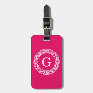 Raspberry Wht Greek Key Rnd Frame Initial Monogram Luggage Tag
