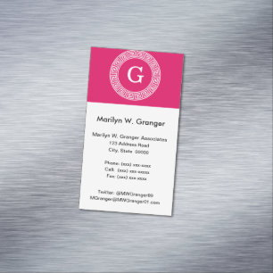 Raspberry Wht Greek Key Rnd Frame Initial Monogram Magnetic Business Card