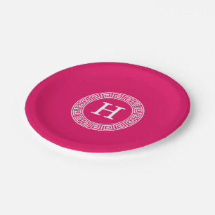 Raspberry Wht Greek Key Rnd Frame Initial Monogram Paper Plate